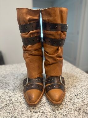 NEW FREEBIRD JERMAINE Tan Leather Mid-Calf Buckle Boots